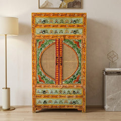 Hand-Painted Solid Wood Armoire Cabinet with Cane Doors and Floral Artwork | Rustic Storage Wardrobe for Bedroom, Living Room & Entryway