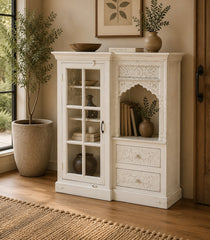 Handcrafted Whitewashed Solid Wood Kitchen Cabinet with Glass Door, Open Display Shelf & Hand-Carved Drawers | Farmhouse Storage Cabinet