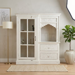 Handcrafted Whitewashed Solid Wood Kitchen Cabinet with Glass Door, Open Display Shelf & Hand-Carved Drawers | Farmhouse Storage Cabinet