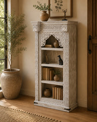Handcrafted Whitewashed Solid Wood Bookshelf with Intricate Hand-Carved Arch Design | Tall Display Shelf for Living Room, Bedroom & Study