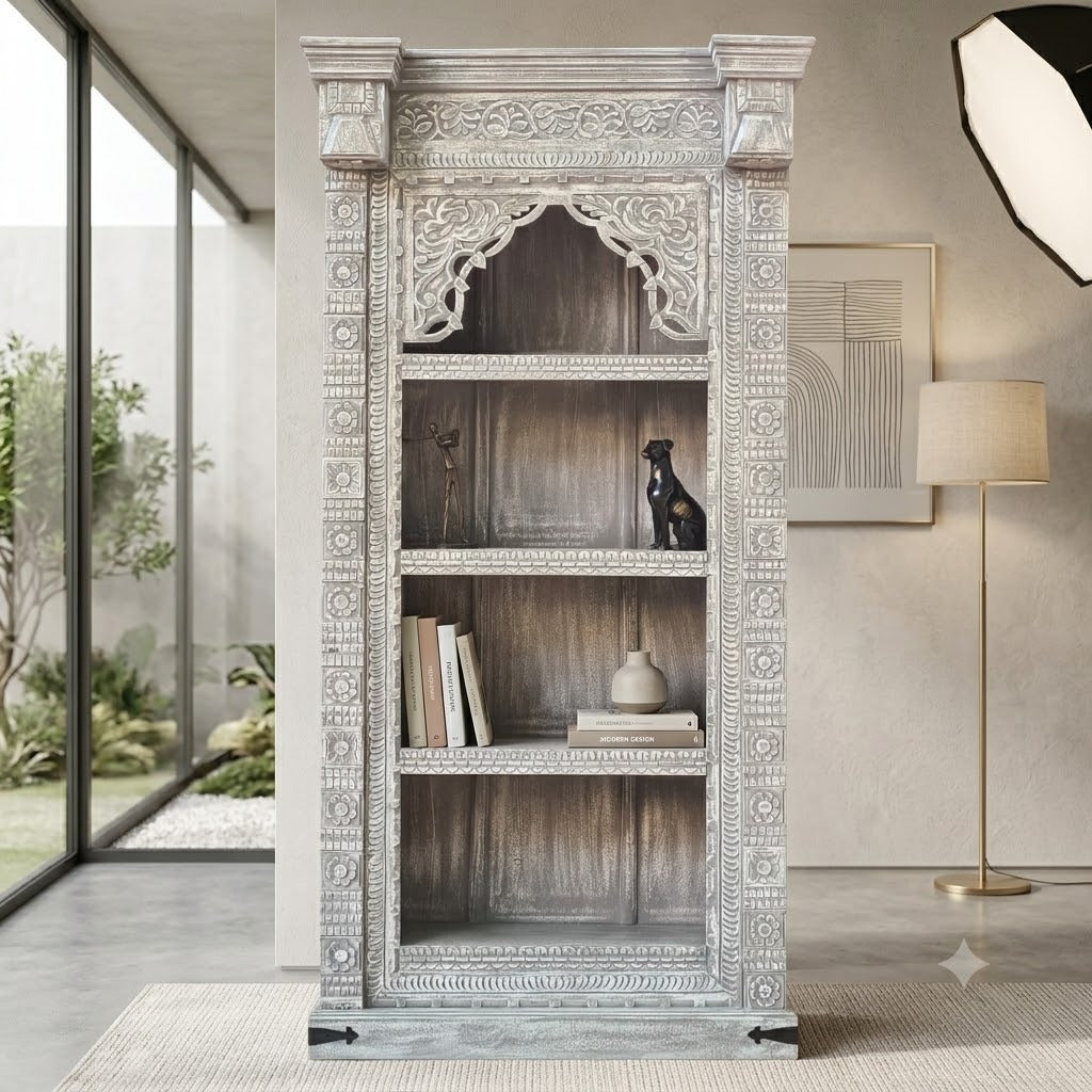 Handcrafted Whitewashed Solid Wood Bookshelf with Intricate Hand-Carved Arch Design | Tall Display Shelf for Living Room, Bedroom & Study