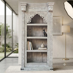 Handcrafted Whitewashed Solid Wood Bookshelf with Intricate Hand-Carved Arch Design | Tall Display Shelf for Living Room, Bedroom & Study