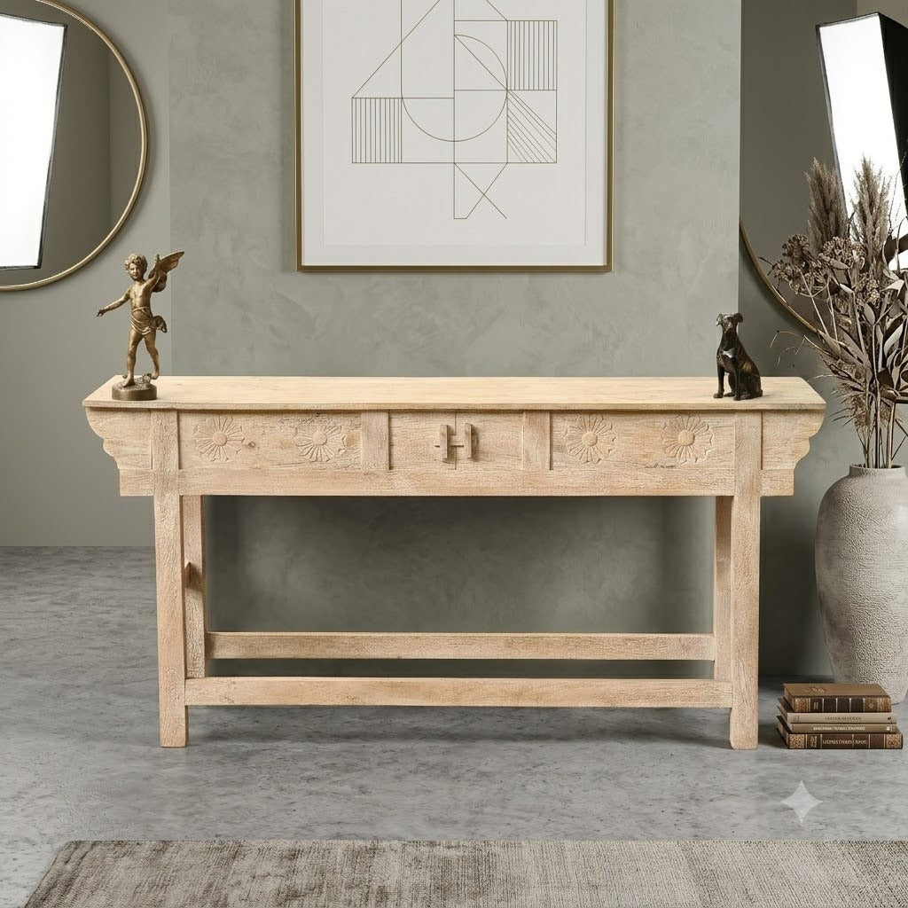 Handcrafted Solid Wood Console Table with 3 Drawers and Floral Carved Details | Rustic Entryway, Hallway & Living Room Accent Table