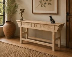 Handcrafted Solid Wood Console Table with 3 Drawers and Floral Carved Details | Rustic Entryway, Hallway & Living Room Accent Table