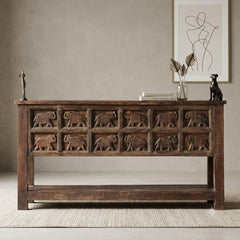 Handcrafted Solid Wood Console Table with Hand-Carved Elephant Panel Design | Rustic Entryway, Hallway & Living Room Accent Table