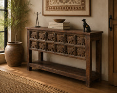 Handcrafted Solid Wood Console Table with Hand-Carved Elephant Panel Design | Rustic Entryway, Hallway & Living Room Accent Table