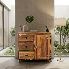 Handcrafted Reclaimed Wood Industrial Storage Cabinet with 3 Drawers & Door | Rustic Vintage Accent Cabinet