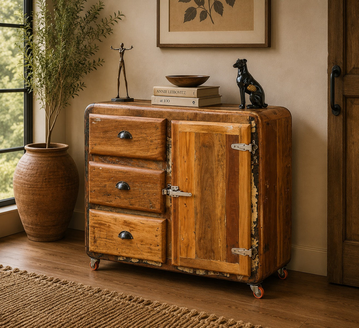 Handcrafted Reclaimed Wood Industrial Storage Cabinet with 3 Drawers & Door | Rustic Vintage Accent Cabinet