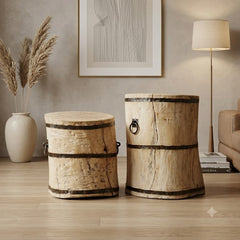 Handcrafted Solid Wood Barrel Side Tables Set of 2 | Rustic Reclaimed Timber Accent Stools with Iron Band & Ring Handle Details