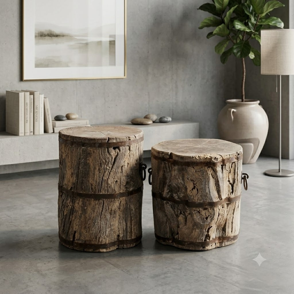 Handcrafted Solid Wood Barrel Side Tables Set of 2 | Rustic Reclaimed Timber Accent Stools with Iron Band & Ring Handle Details