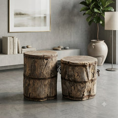 Handcrafted Solid Wood Barrel Side Tables Set of 2 | Rustic Reclaimed Timber Accent Stools with Iron Band & Ring Handle Details