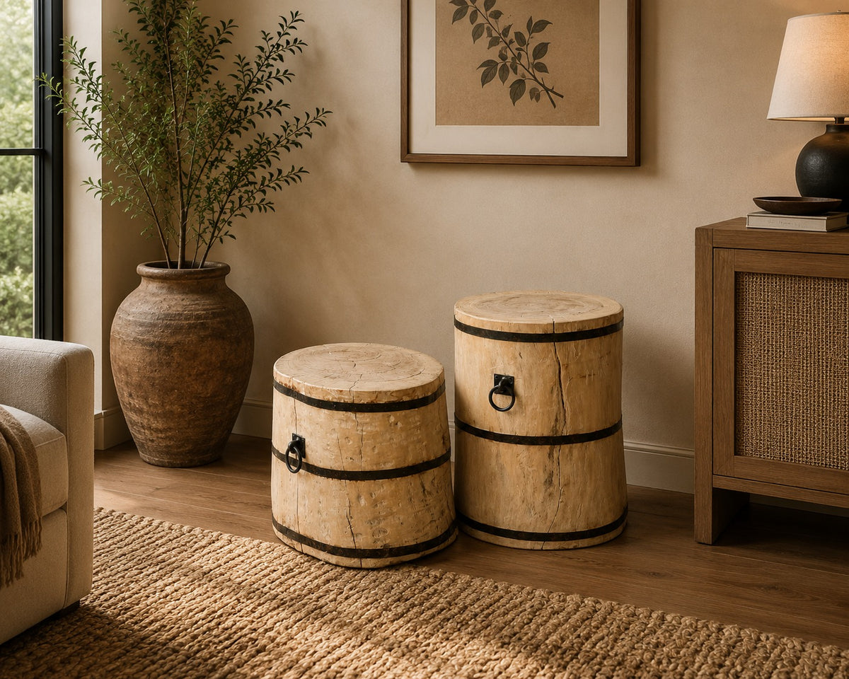 Handcrafted Solid Wood Barrel Side Tables Set of 2 | Rustic Reclaimed Timber Accent Stools with Iron Band & Ring Handle Details