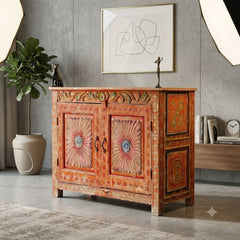 Handcrafted Rajasthan Hand-Painted Wooden Sideboard Cabinet | Traditional Indian Buffet Storage Cabinet with Floral Artwork & Double Doors