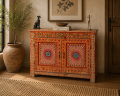 Handcrafted Rajasthan Hand-Painted Wooden Sideboard Cabinet | Traditional Indian Buffet Storage Cabinet with Floral Artwork & Double Doors