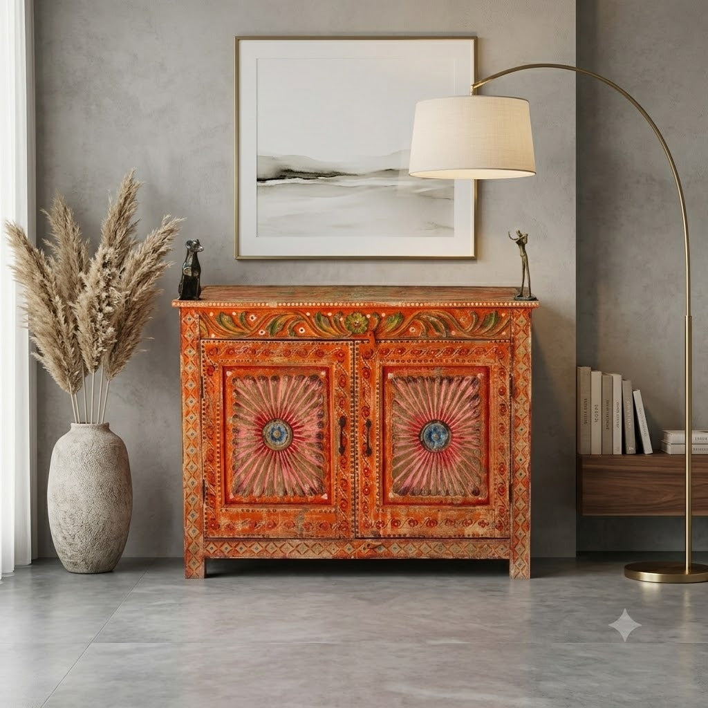Handcrafted Rajasthan Hand-Painted Wooden Sideboard Cabinet | Traditional Indian Buffet Storage Cabinet with Floral Artwork & Double Doors