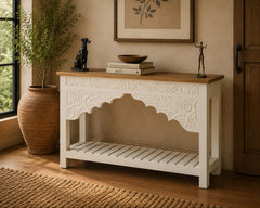 Hand-Carved Whitewash Console Table with Lower Shelf | Solid Wood Entryway, Hallway & Living Room Accent Table