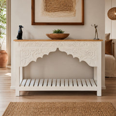 Hand-Carved Whitewash Console Table with Lower Shelf | Solid Wood Entryway, Hallway & Living Room Accent Table