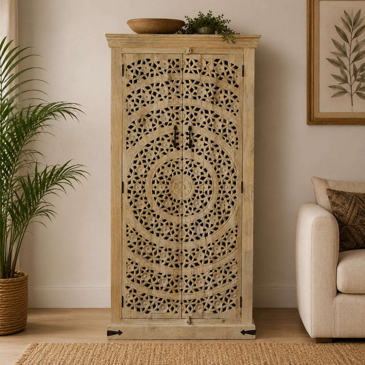Hand-Carved Mandala Storage Cabinet | Solid Mango Wood Accent Armoire with Double Doors & Geometric Floral Carving