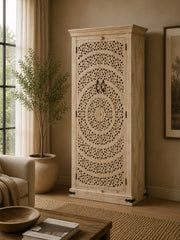 Hand-Carved Mandala Storage Cabinet | Solid Mango Wood Accent Armoire with Double Doors & Geometric Floral Carving