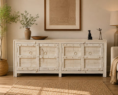 Handcrafted Whitewash Sideboard Cabinet | Solid Wood Buffet Storage Cabinet with Iron Ring Pulls & Rustic Farmhouse Finish