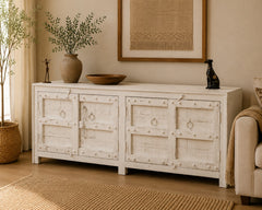Handcrafted Whitewash Sideboard Cabinet | Solid Wood Buffet Storage Cabinet with Iron Ring Pulls & Rustic Farmhouse Finish