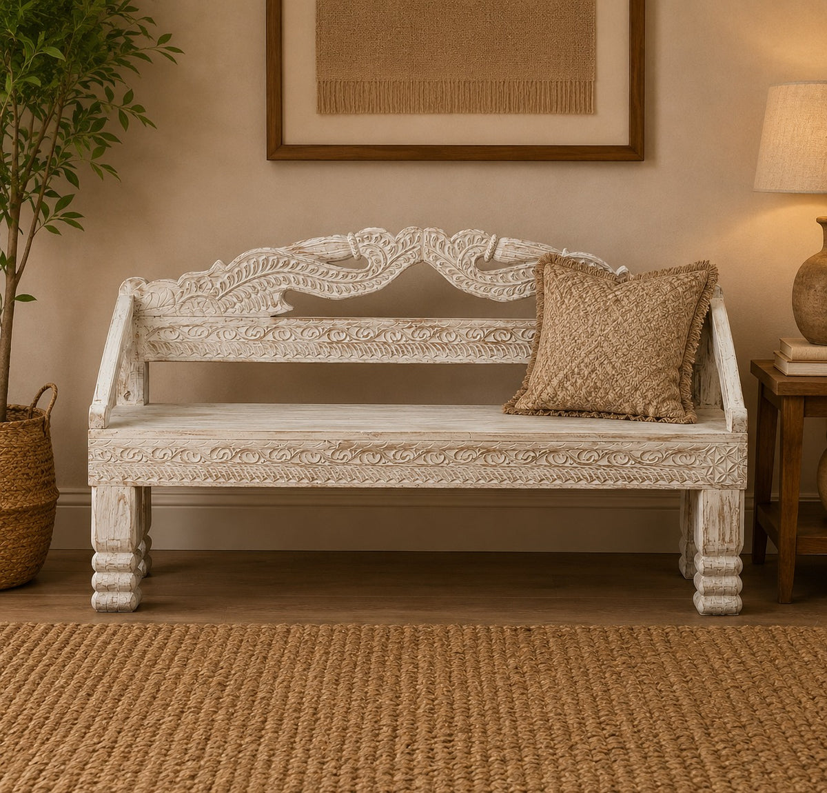 Hand-Carved Wooden Bench | Whitewash Accent Bench | Solid Wood Entryway & Hallway Seating | Traditional Indian Furniture