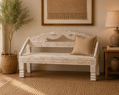 Hand-Carved Wooden Bench | Whitewash Accent Bench | Solid Wood Entryway & Hallway Seating | Traditional Indian Furniture