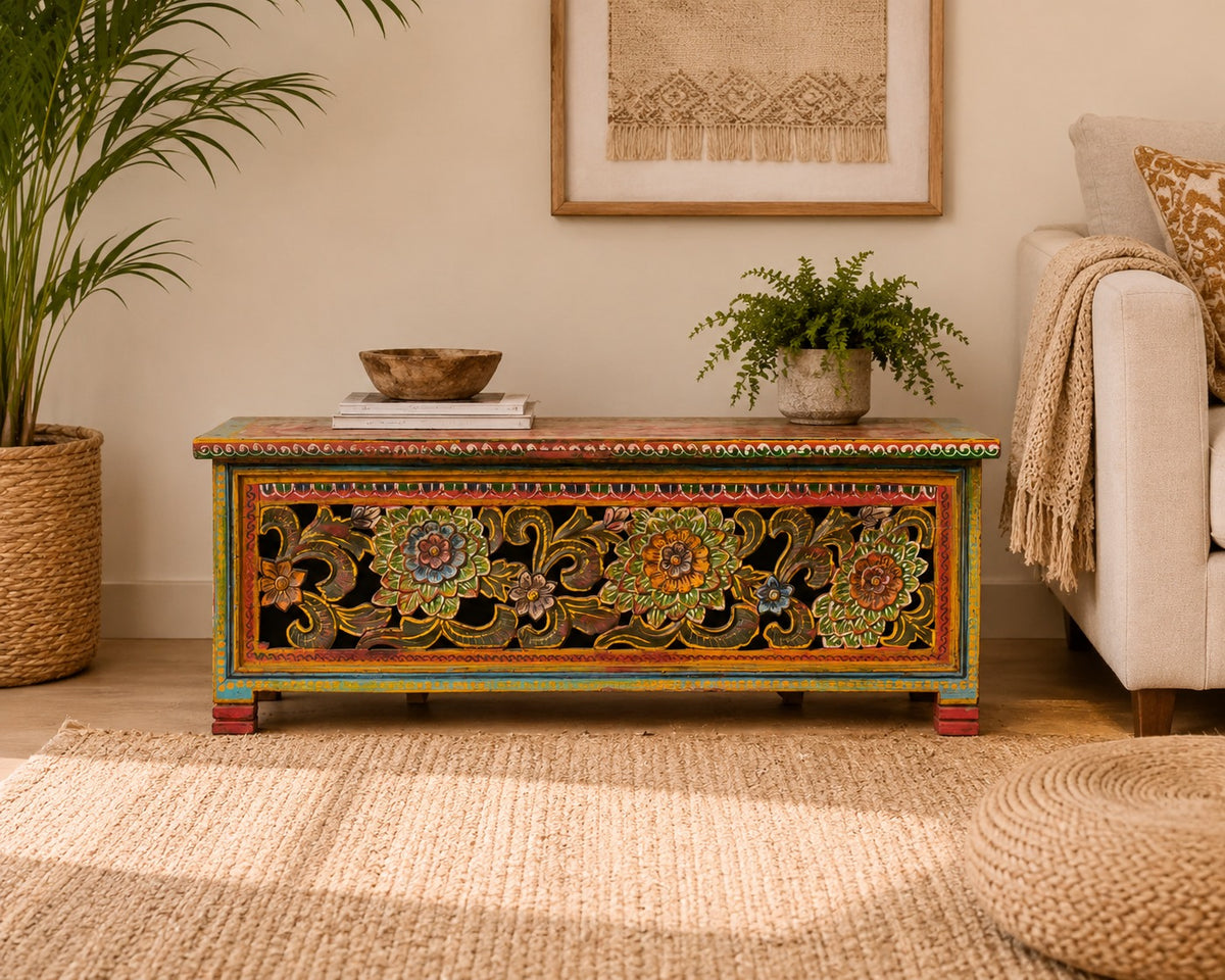 Hand-Painted Floral Blanket Box | Traditional Rajasthan Wooden Storage Chest with Hand-Carved Folk Art Detailing