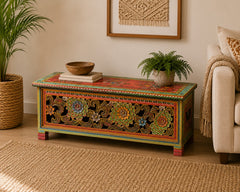 Hand-Painted Floral Blanket Box | Traditional Rajasthan Wooden Storage Chest with Hand-Carved Folk Art Detailing