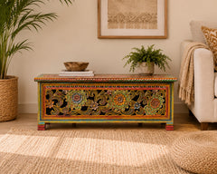 Hand-Painted Floral Blanket Box | Traditional Rajasthan Wooden Storage Chest with Hand-Carved Folk Art Detailing