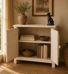 Handcrafted Whitewash Wood Cabinet | Two Door Storage Cabinet | Accent Cupboard for Living Room & Bedroom