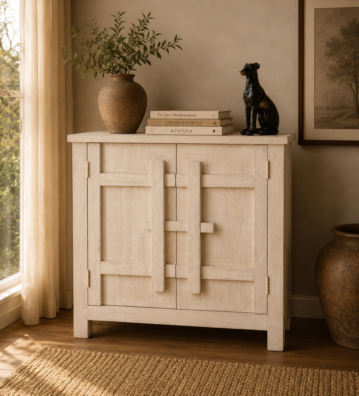 Handcrafted Whitewash Wood Cabinet | Two Door Storage Cabinet | Accent Cupboard for Living Room & Bedroom