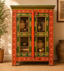 Hand-Painted Wooden Display Cabinet with Glass Doors | Rajasthani Folk Art Storage Cabinet | Solid Wood Accent Furniture
