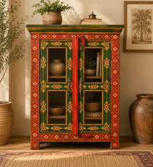 Hand-Painted Wooden Display Cabinet with Glass Doors | Rajasthani Folk Art Storage Cabinet | Solid Wood Accent Furniture