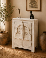 Handcrafted Whitewash Accent Cabinet | Solid Wood Storage Cabinet with Carved Haveli Doors | Rustic Indian Furniture