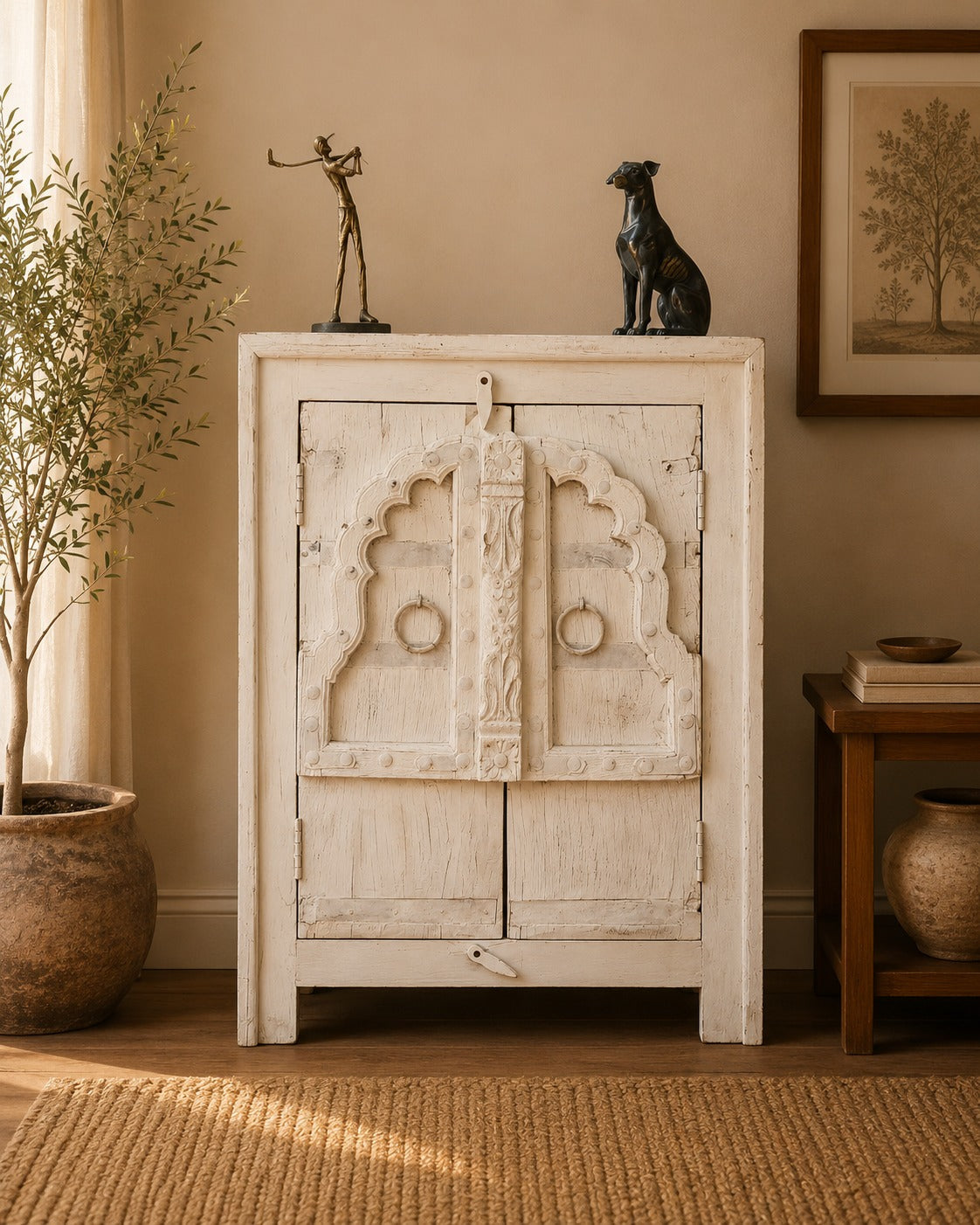 Handcrafted Whitewash Accent Cabinet | Solid Wood Storage Cabinet with Carved Haveli Doors | Rustic Indian Furniture