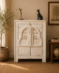 Handcrafted Whitewash Accent Cabinet | Solid Wood Storage Cabinet with Carved Haveli Doors | Rustic Indian Furniture