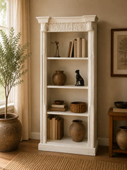 Solid Wood Whitewash Bookcase | Open Display Bookshelf with Architectural Columns | Handcrafted Storage & Display Shelf