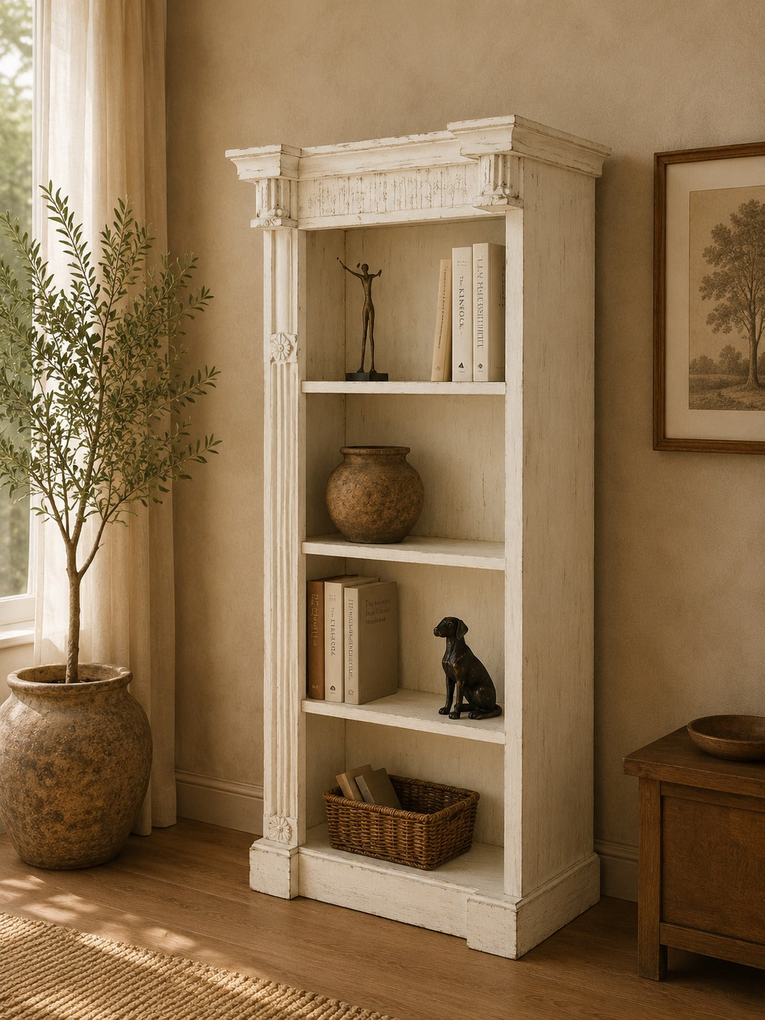 Solid Wood Whitewash Bookcase | Open Display Bookshelf with Architectural Columns | Handcrafted Storage & Display Shelf