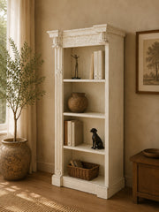 Solid Wood Whitewash Bookcase | Open Display Bookshelf with Architectural Columns | Handcrafted Storage & Display Shelf