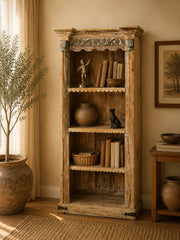 Handcrafted Reclaimed Wood Bookcase | Carved Architectural Display Shelf | Heritage Open Bookshelf