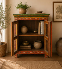 Hand-Painted Wooden Display Cabinet with Glass Doors | Rajasthani Folk Art Storage Cabinet | Solid Wood Accent Furniture