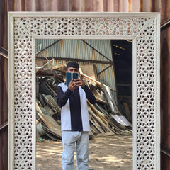 Handcrafted Whitewash Full Length Wooden Mirror | Solid Mango Wood Carved Floor Mirror | Large Rustic Leaning & Wall Mounted Mirror for Bedroom, Entryway & Living Room