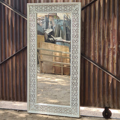 Handcrafted Whitewash Full Length Wooden Mirror | Solid Mango Wood Carved Floor Mirror | Large Rustic Leaning & Wall Mounted Mirror for Bedroom, Entryway & Living Room