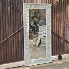 Handcrafted Whitewash Full Length Wooden Mirror | Solid Mango Wood Carved Floor Mirror | Large Rustic Leaning & Wall Mounted Mirror for Bedroom, Entryway & Living Room
