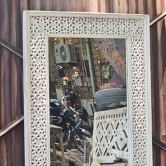 Handcrafted Whitewash Full Length Wooden Mirror | Solid Mango Wood Carved Floor Mirror | Large Rustic Leaning & Wall Mounted Mirror for Bedroom, Entryway & Living Room