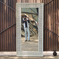 Handcrafted Whitewash Full Length Wooden Mirror | Solid Mango Wood Carved Floor Mirror | Large Rustic Leaning & Wall Mounted Mirror for Bedroom, Entryway & Living Room
