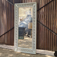 Handcrafted Whitewash Full Length Wooden Mirror | Solid Mango Wood Carved Floor Mirror | Large Rustic Leaning & Wall Mounted Mirror for Bedroom, Entryway & Living Room