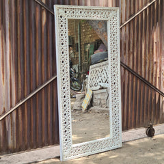 Handcrafted Whitewash Full Length Wooden Mirror | Solid Mango Wood Carved Floor Mirror | Large Rustic Leaning & Wall Mounted Mirror for Bedroom, Entryway & Living Room