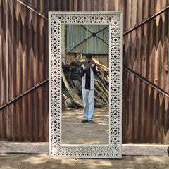 Handcrafted Whitewash Full Length Wooden Mirror | Solid Mango Wood Carved Floor Mirror | Large Rustic Leaning & Wall Mounted Mirror for Bedroom, Entryway & Living Room